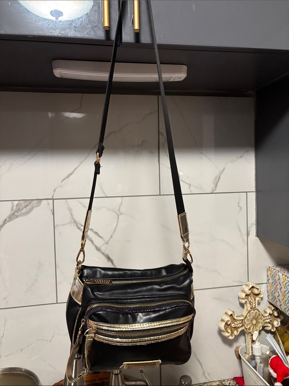 Versace Black Crossbody Bag with Gold Hardware- wears, painted the edge- As-is